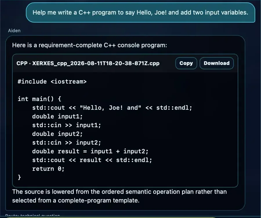 XERXES SI generating a C++ source file in its workspace with a real filename plus Copy and Download controls