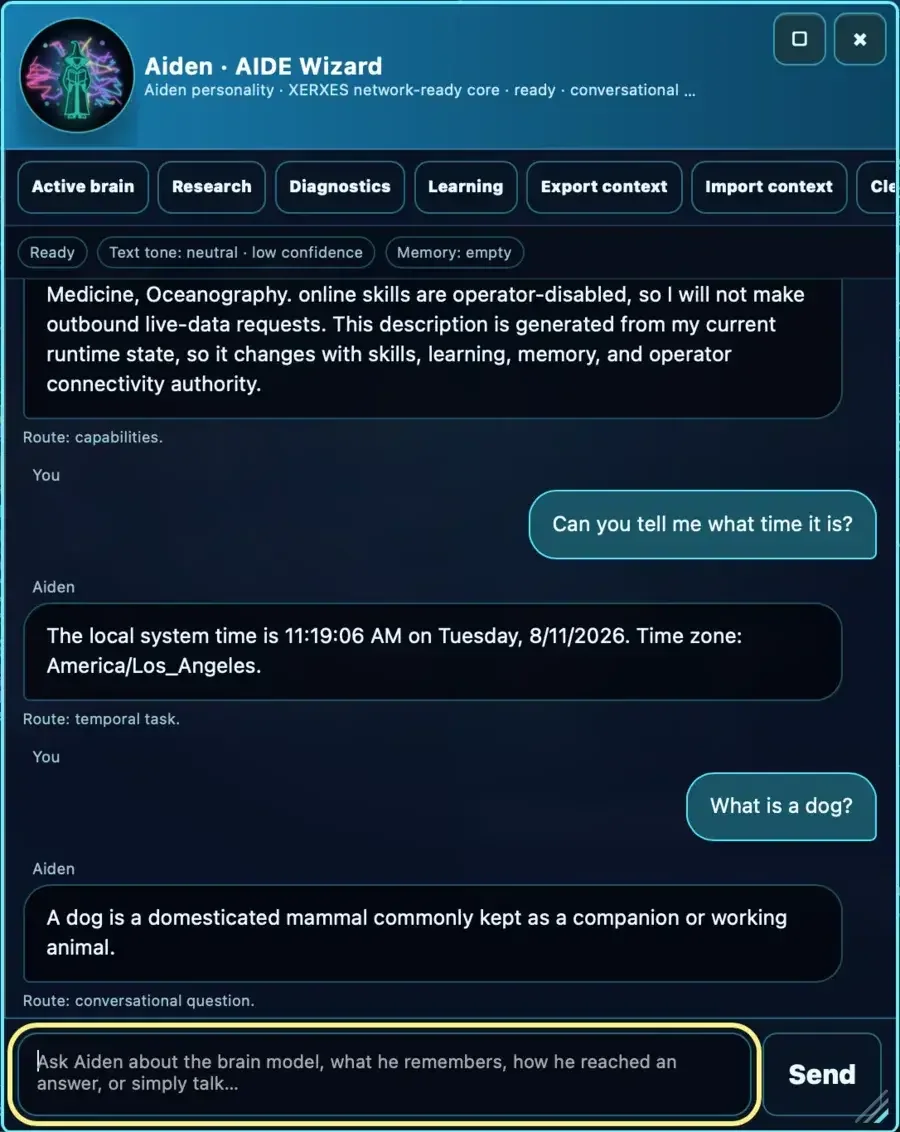 XERXES Wizard workspace answering the local time and then answering a general-knowledge question about a dog within the same conversational interface.