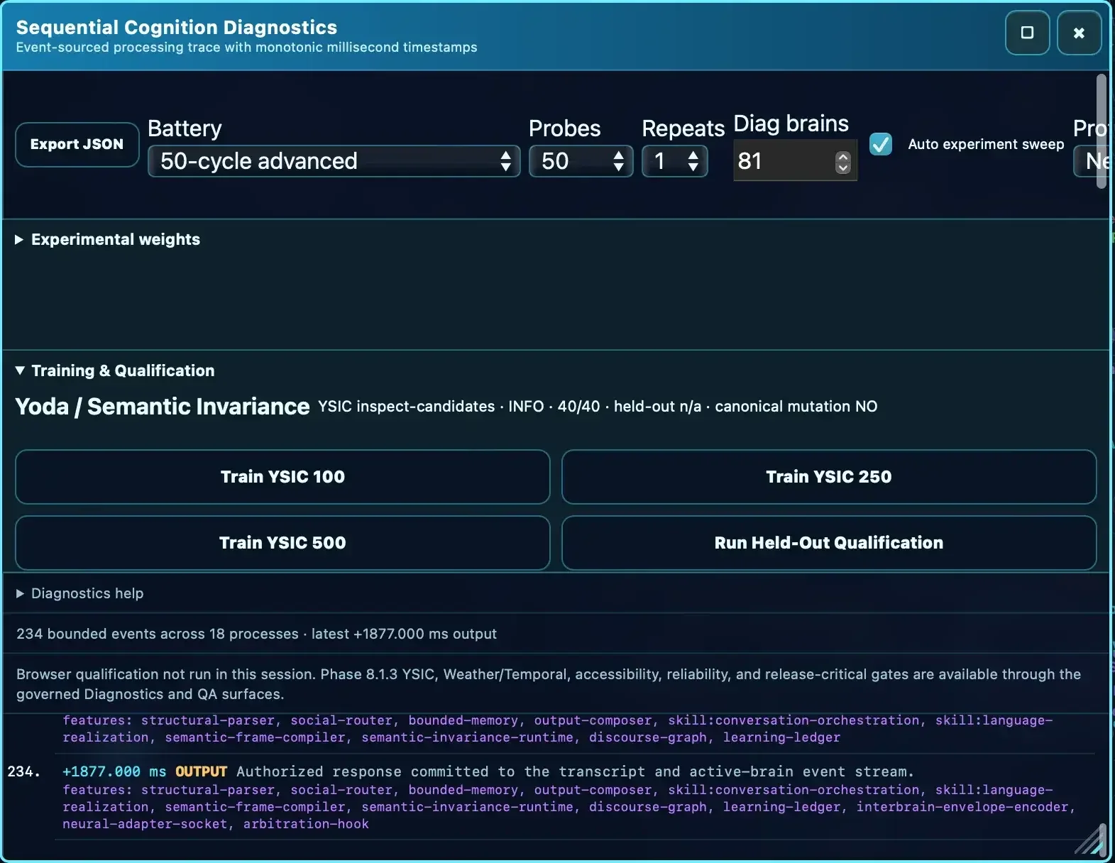 XERXES Sequential Cognition Diagnostics development capture showing staged qualification and diagnostic output