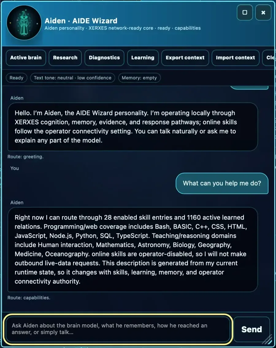 XERXES Wizard workspace showing a system introduction and a runtime-generated description of enabled skills, learned relations, and operator-controlled connectivity state.