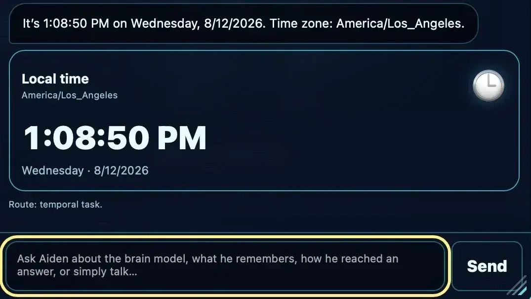 XERXES SI Time Skill card showing local time, date, timezone, and temporal-task routing in the Synthetic Intelligence assistant